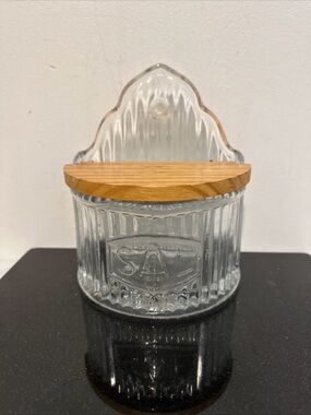 Antique Glass Wall-Mounted Salt Jar with Wood Lid - Clear Glass
